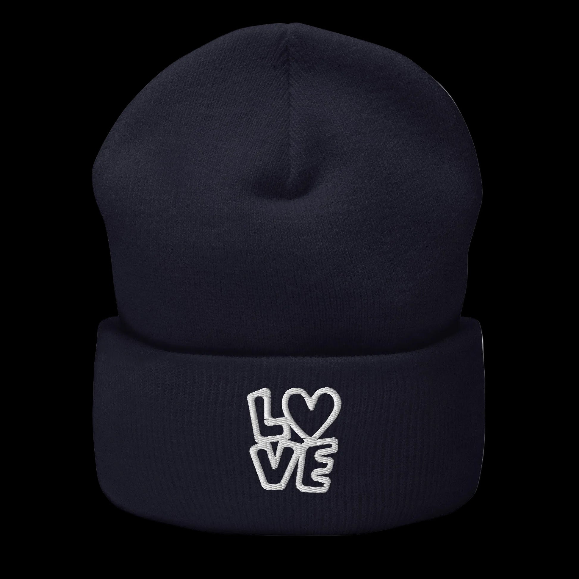 Navy Beanie mit LOVE Stickerei bei dem das O durch ein Herz ersetzt ist