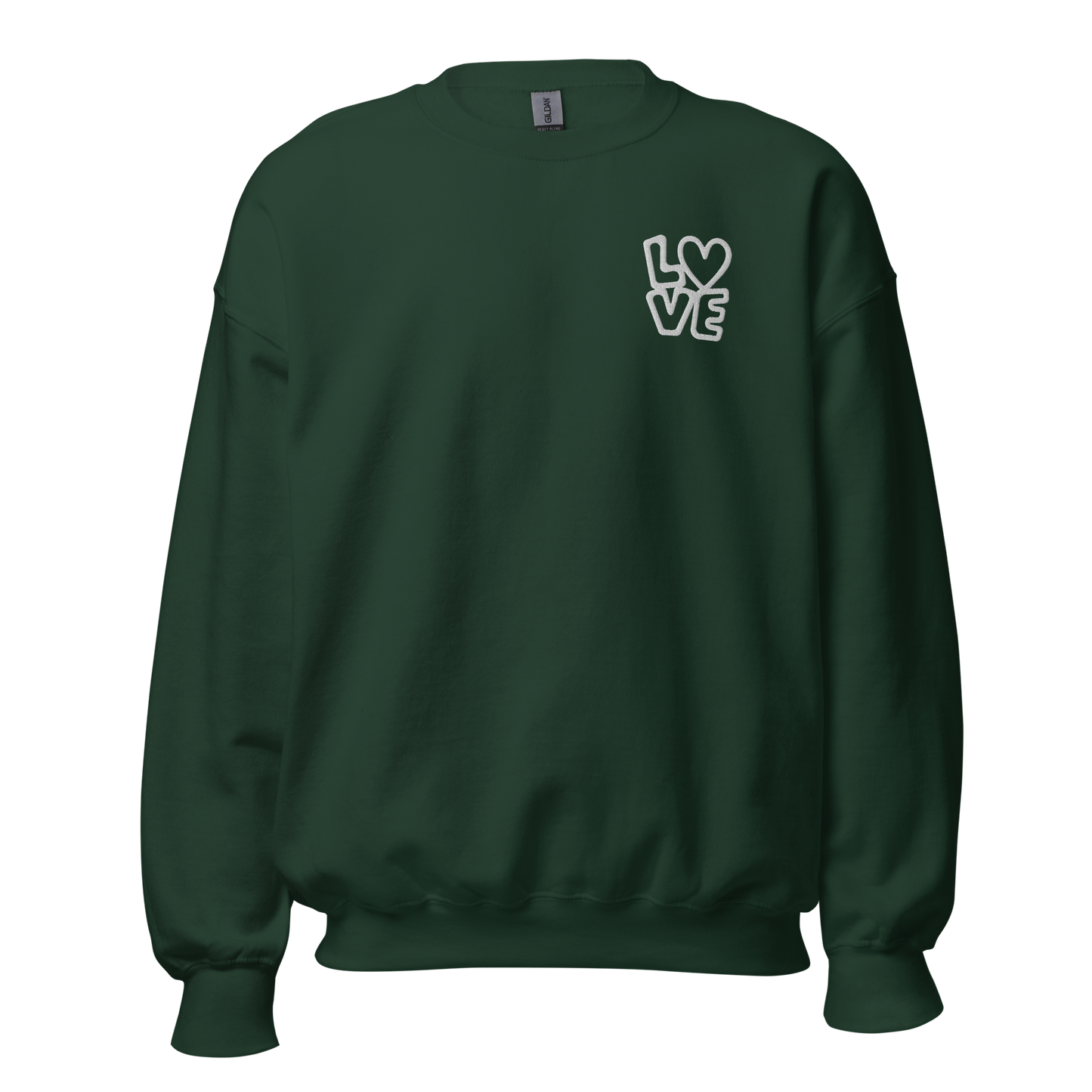 Waldgrüner Hoodie mit LOVE Stickerei bei dem das O durch ein Herz ersetzt ist