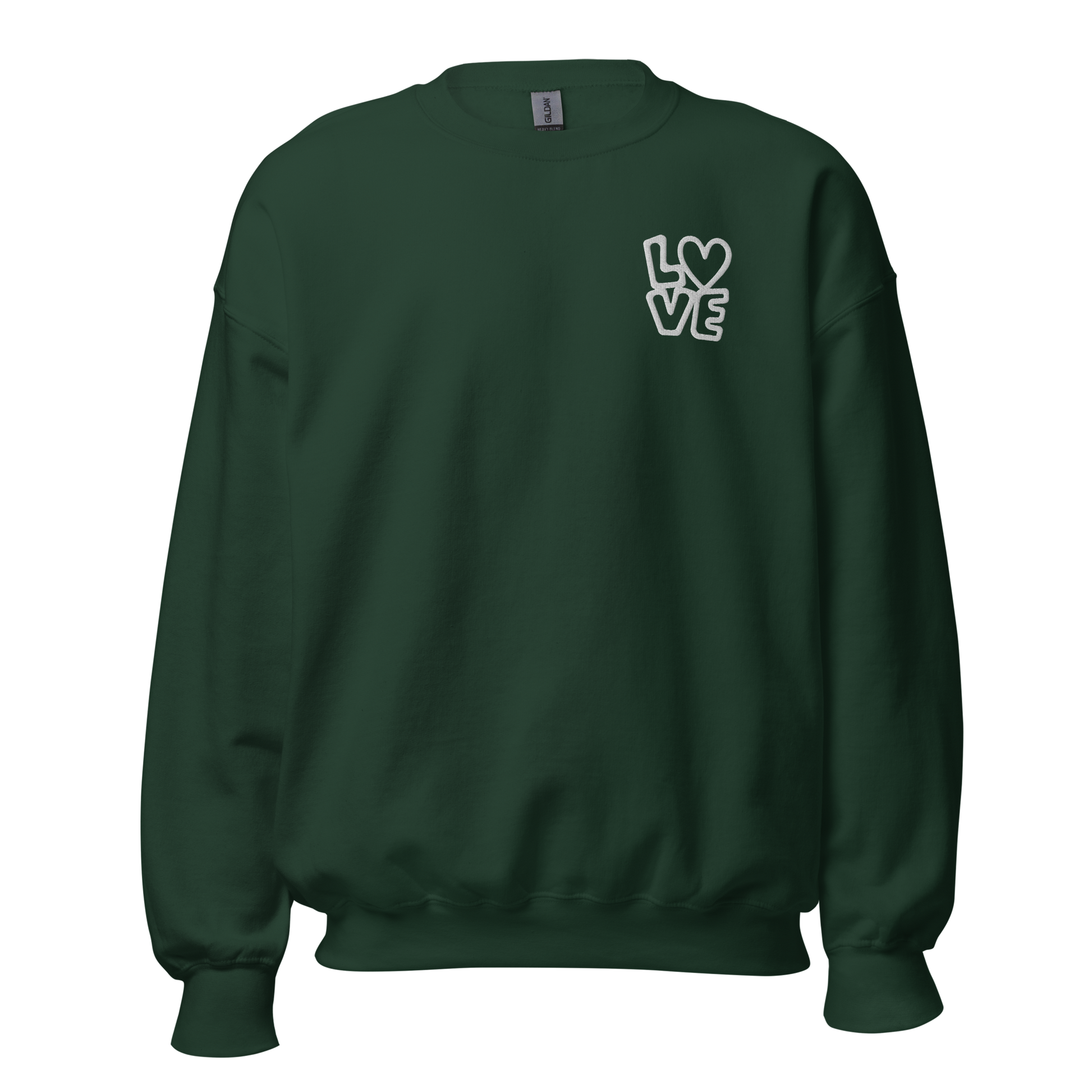 Waldgrüner Hoodie mit LOVE Stickerei bei dem das O durch ein Herz ersetzt ist