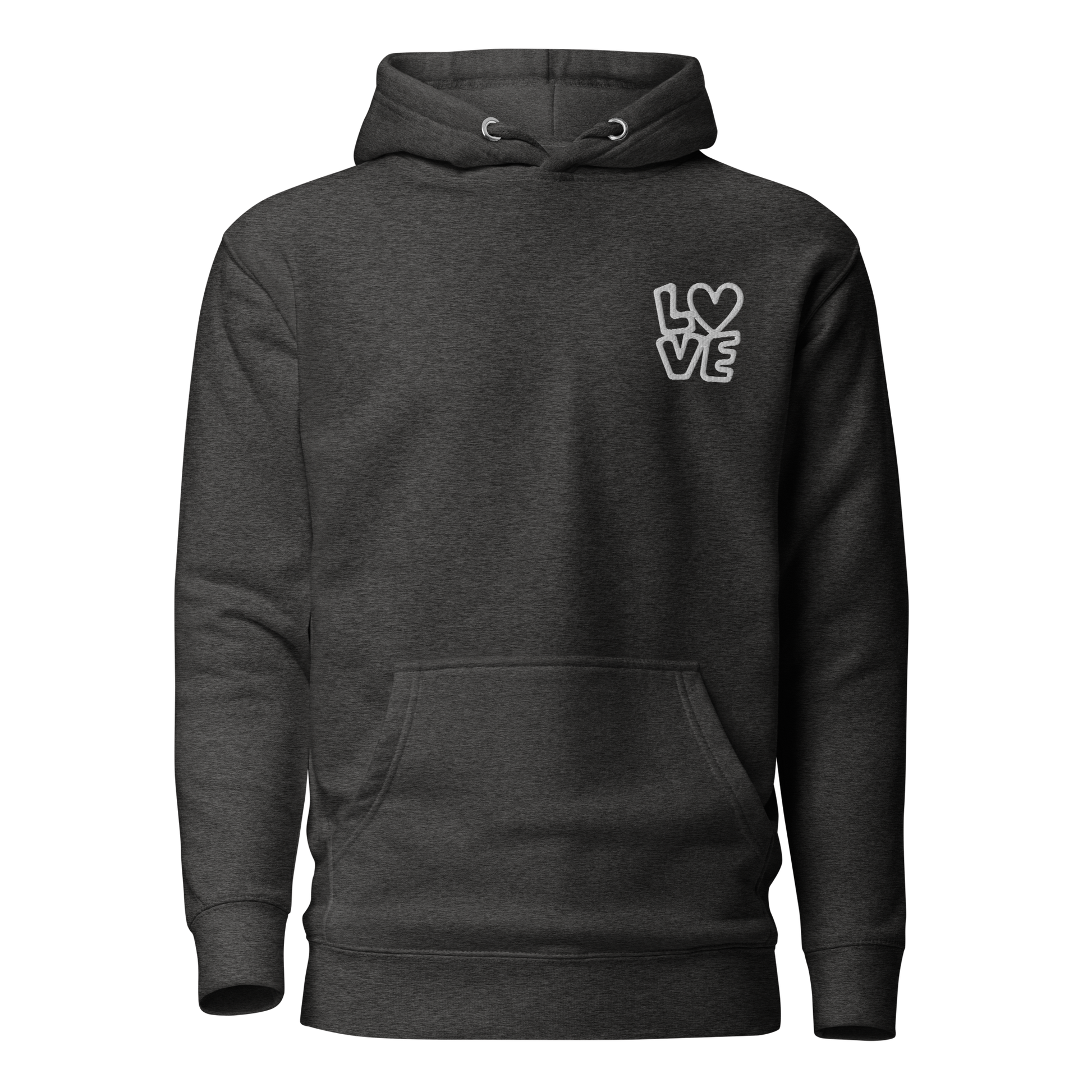 Heather grauer Hoodie mit kleinem gestickten LOVE bei dem das O durch ein Herz ersetzt ist