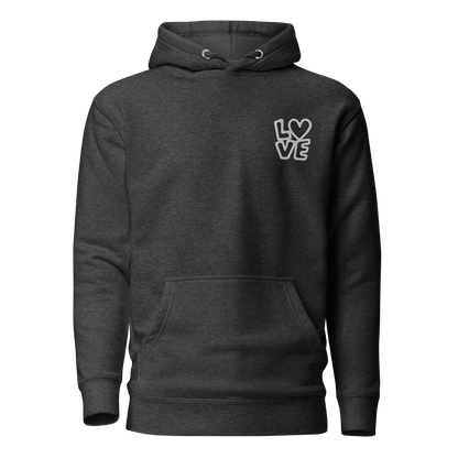 Heather grauer Hoodie mit kleinem gestickten LOVE bei dem das O durch ein Herz ersetzt ist