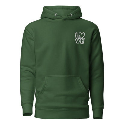 Waldgrüner Hoodie mit kleinem gestickten LOVE bei dem das O durch ein Herz ersetzt ist
