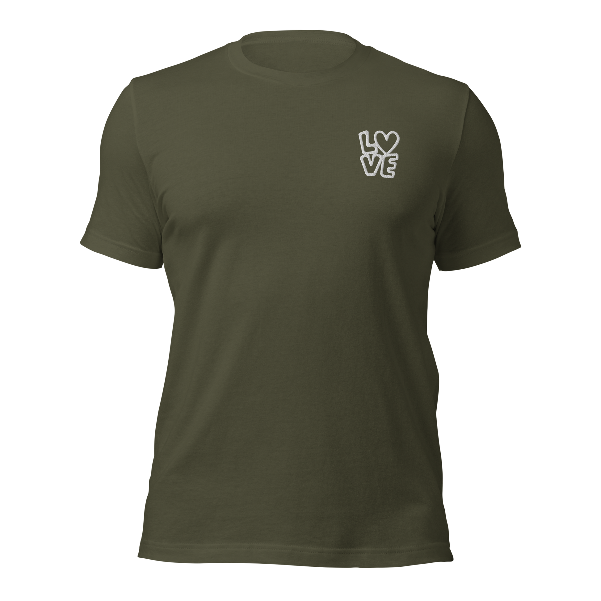 Militär grünes Unisex T-Shirt mit LOVE Stickerei bei dem das O durch ein Herz ersetzt ist