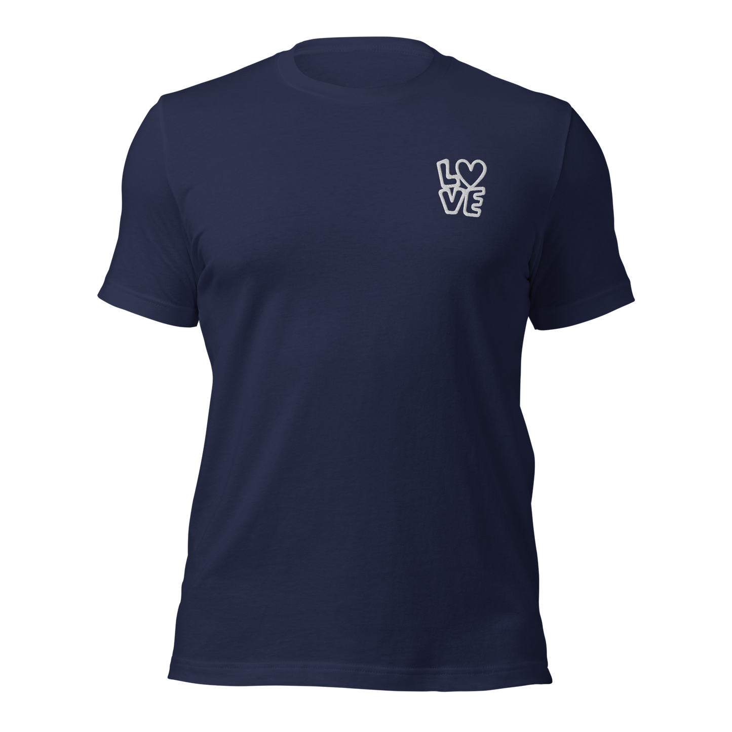 Navy Unisex T-Shirt mit LOVE Stickerei bei dem das O durch ein Herz ersetzt ist