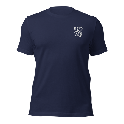 Navy Unisex T-Shirt mit LOVE Stickerei bei dem das O durch ein Herz ersetzt ist