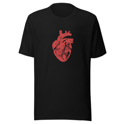 Schwarzes Unisex T-Shirt mit rotem minimalistischem Herz Print