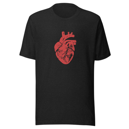 Schwarzes heather Unisex T-Shirt mit rotem minimalistischem Herz Print