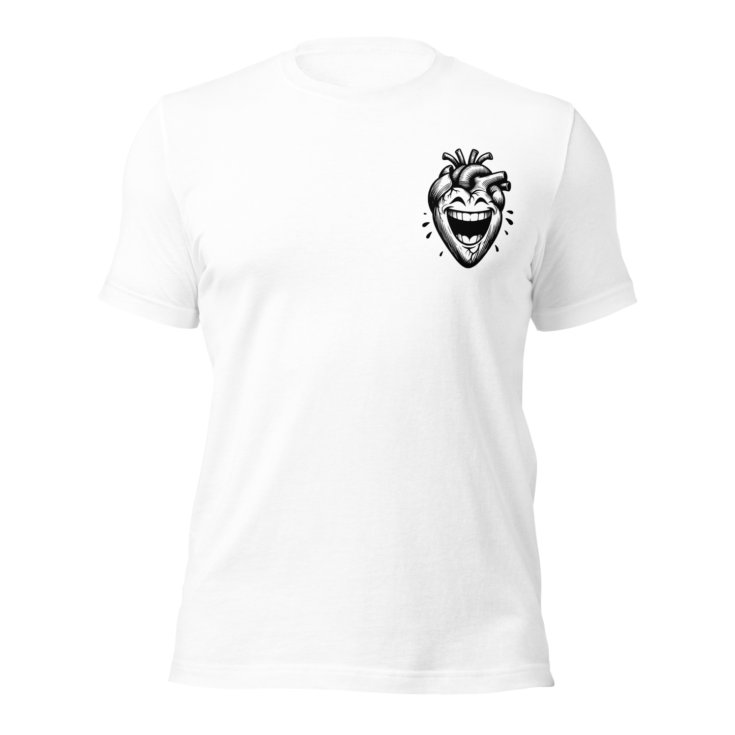 Weißes Unisex T-Shirt mit echtem lachenden Herzen Print an linker Brust