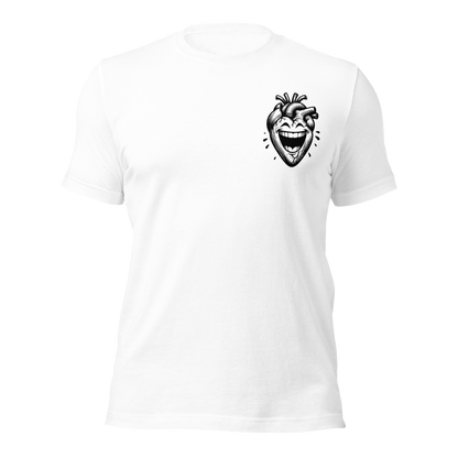 Weißes Unisex T-Shirt mit echtem lachenden Herzen Print an linker Brust
