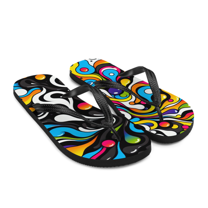 Seitenansicht zwei Flip-Flops mit buntem verschmolzenem Muster