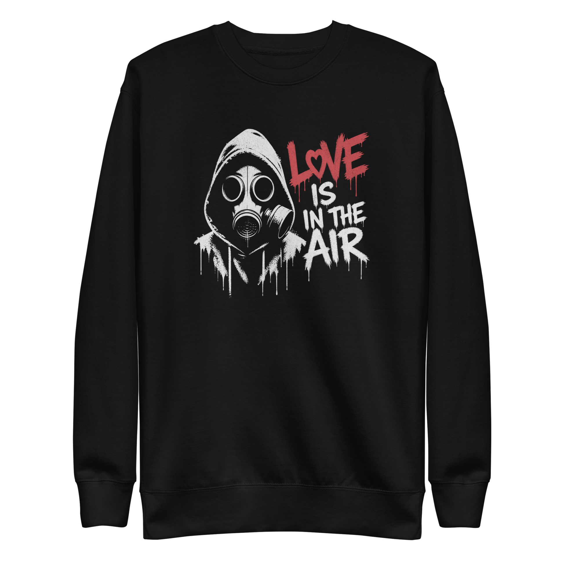 Schwarzer Pullover mit Gasmaske und Love is in the Air Schriftzug im Streetart Style