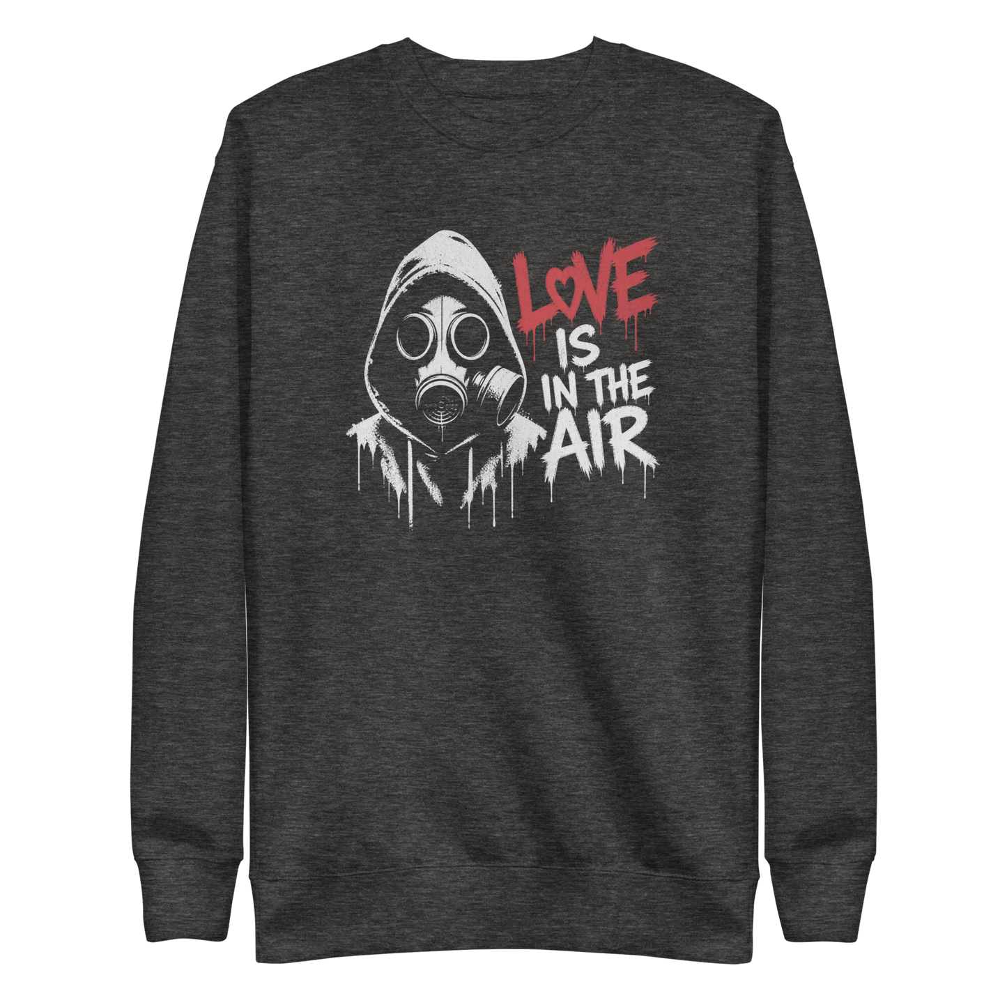 Heather grauer Pullover mit Gasmaske und Love is in the Air Schriftzug im Streetart Style