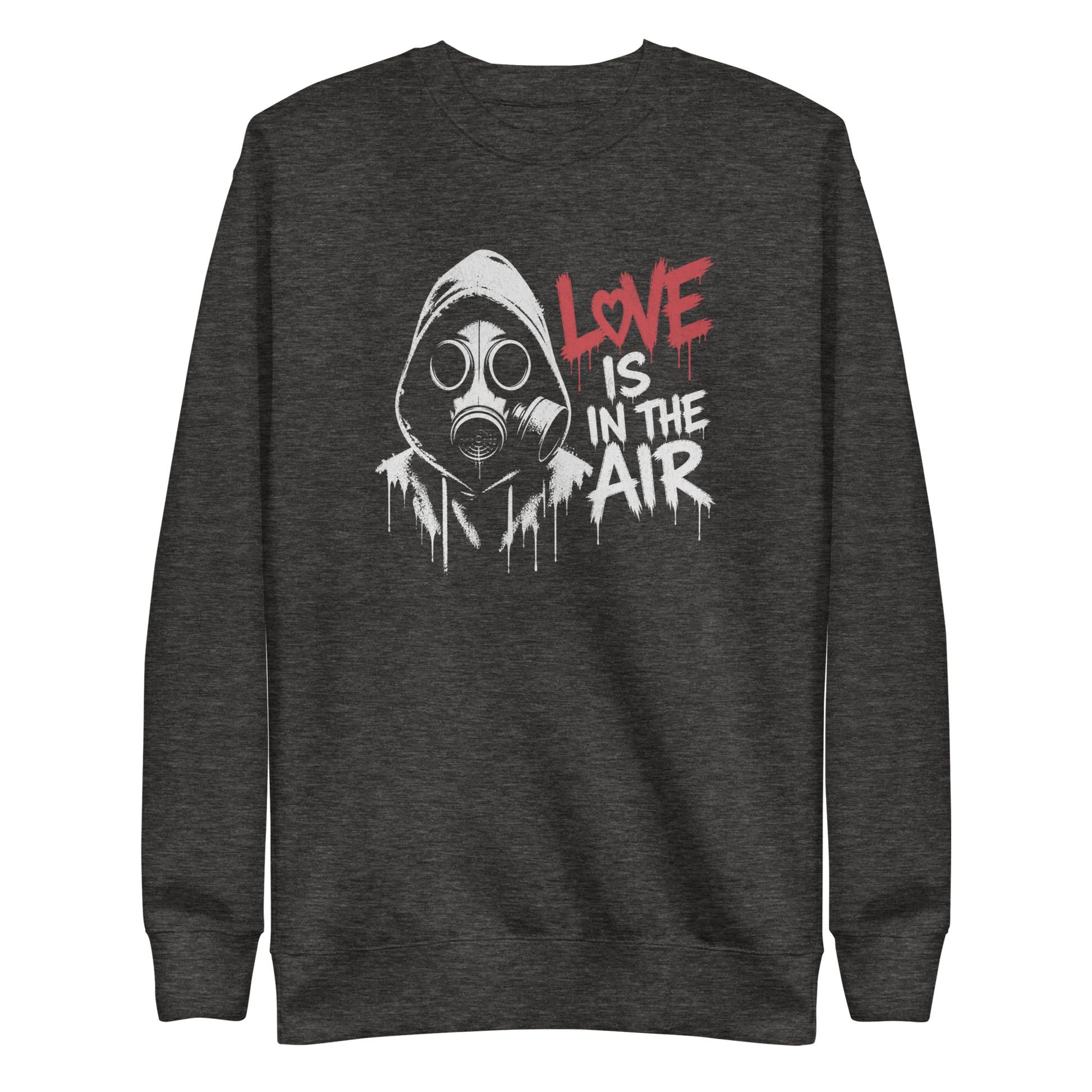 Heather grauer Pullover mit Gasmaske und Love is in the Air Schriftzug im Streetart Style