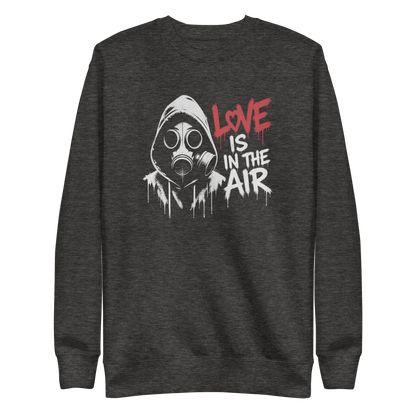 Heather grauer Pullover mit Gasmaske und Love is in the Air Schriftzug im Streetart Style