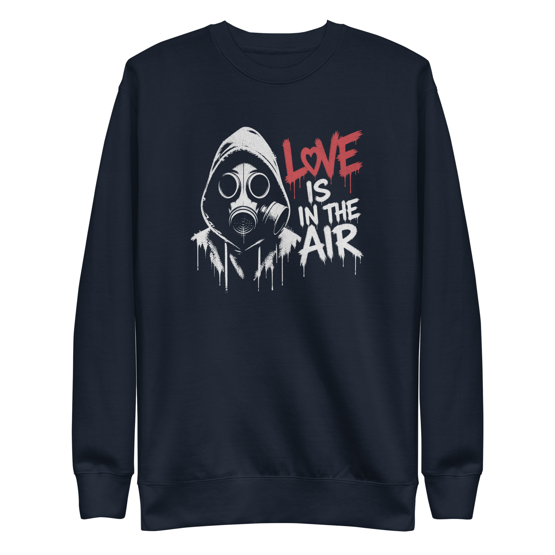 Navy Pullover mit Gasmaske und Love is in the Air Schriftzug im Streetart Style