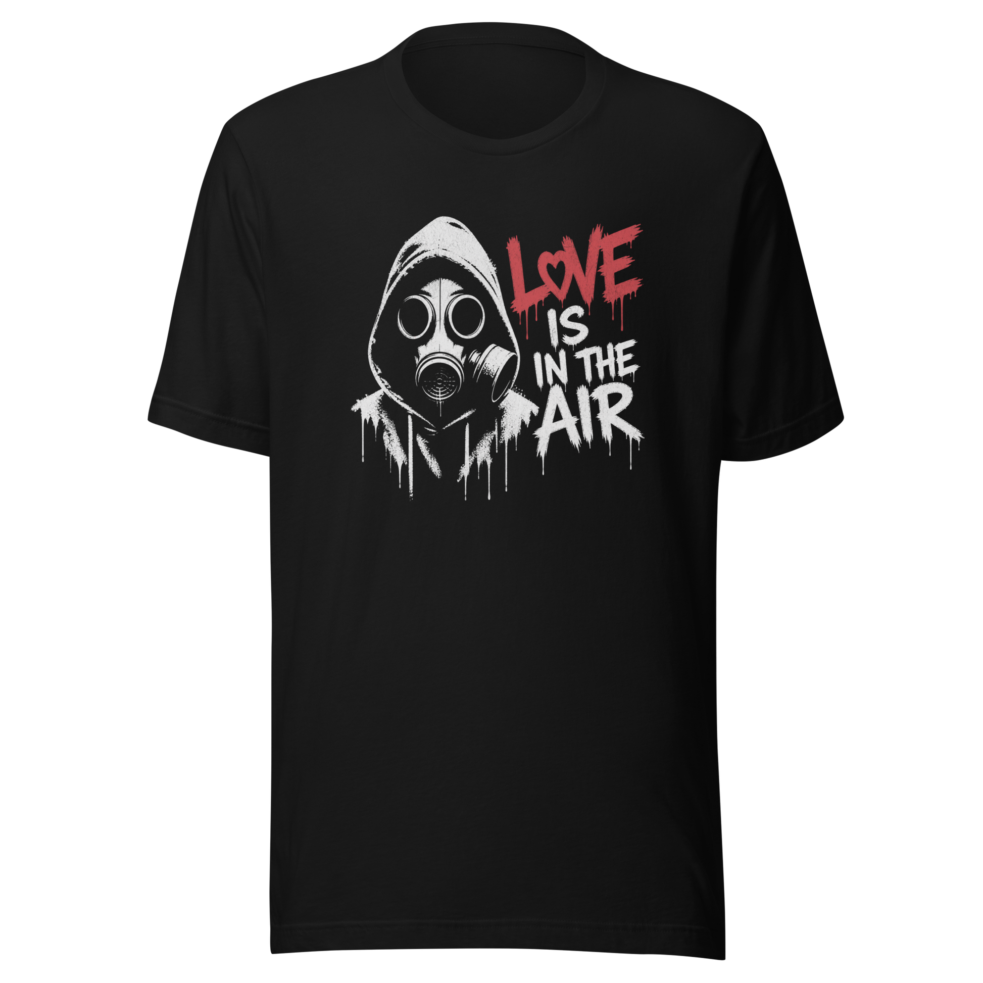 Schwarzes T-Shirt mit Gasmaske und Love is in the Air Schriftzug im Streetart Style