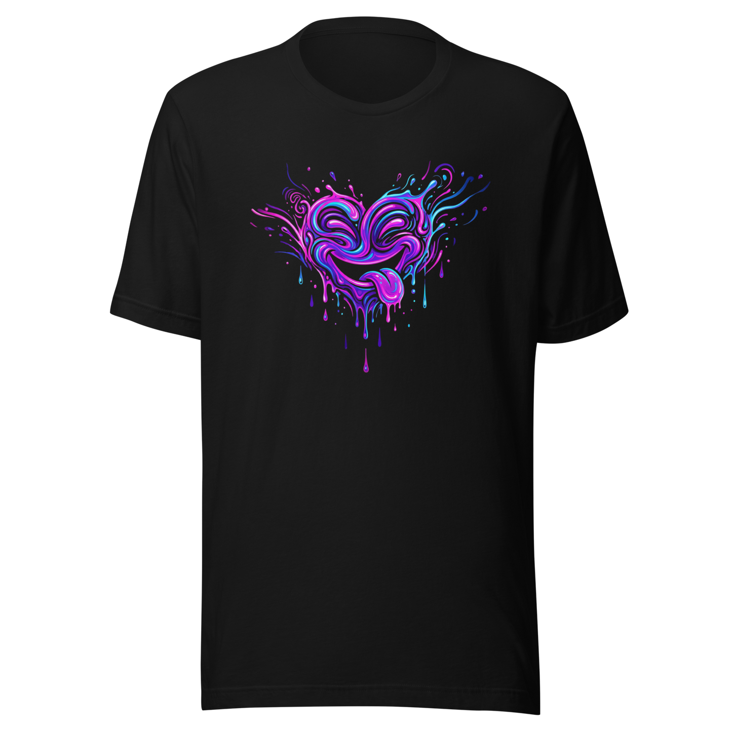 Schwarzes T-Shirt mit psychodelischem Herz das die Zunge rausstreckt
