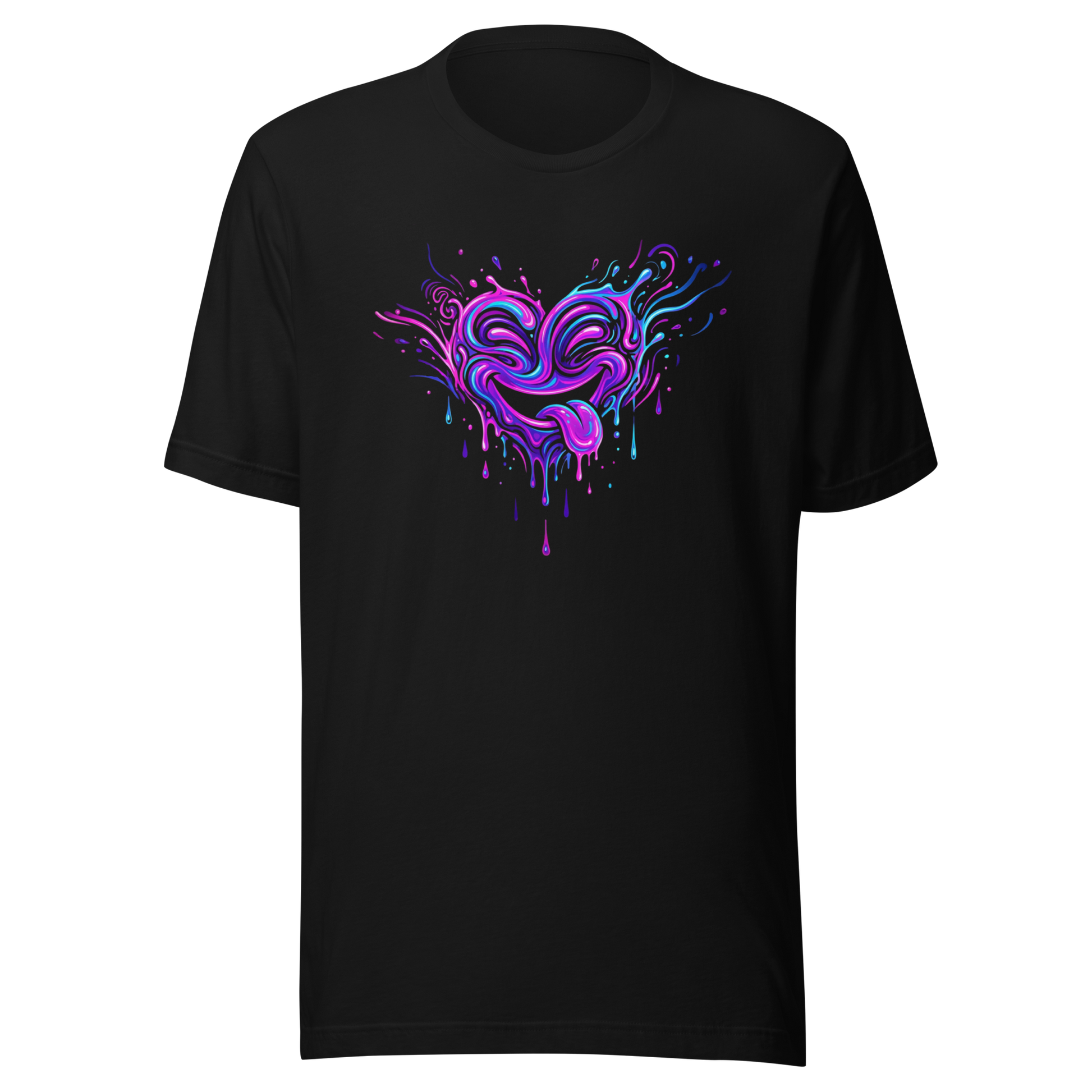 Schwarzes T-Shirt mit psychodelischem Herz das die Zunge rausstreckt
