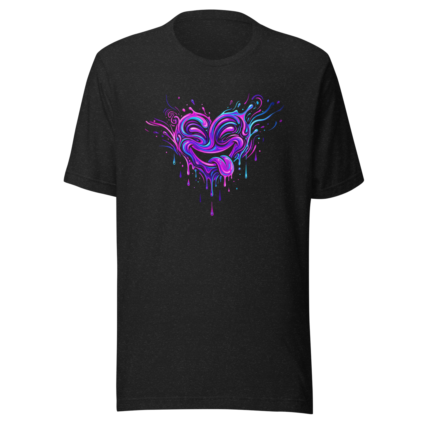 Heather schwarzes T-Shirt mit psychodelischem Herz das die Zunge rausstreckt