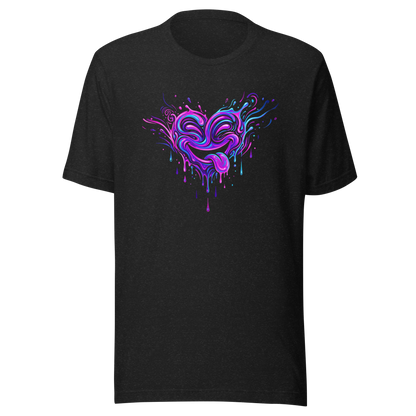 Heather schwarzes T-Shirt mit psychodelischem Herz das die Zunge rausstreckt