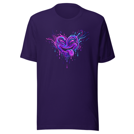 Lila T-Shirt mit psychodelischem Herz das die Zunge rausstreckt