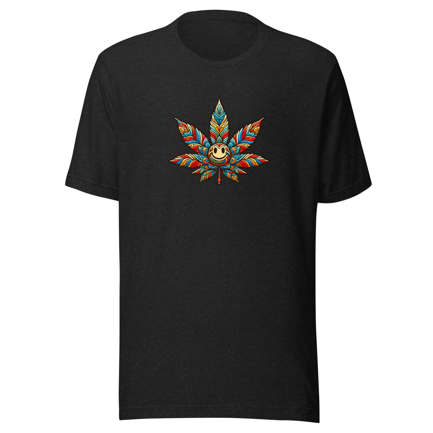 Heather schwarzes T-Shirt mit buntem lächelndem Hanfblatt Brustprint