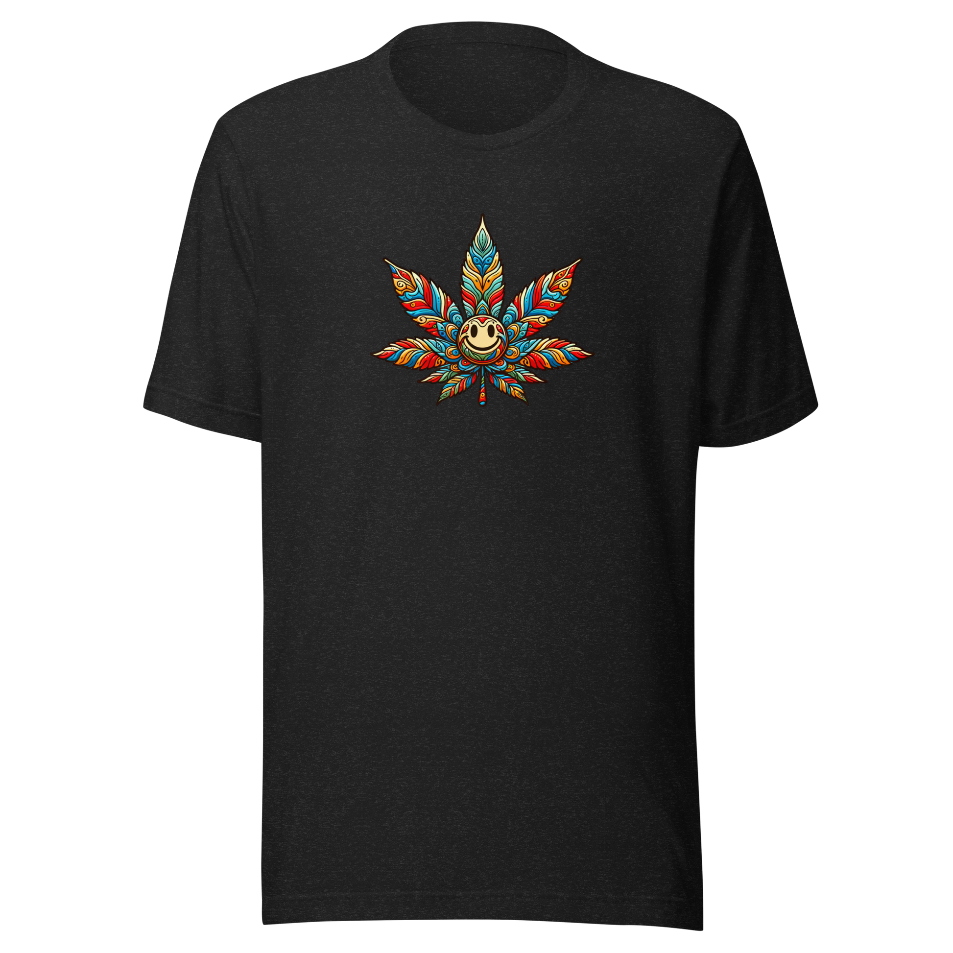Heather schwarzes T-Shirt mit buntem lächelndem Hanfblatt Brustprint