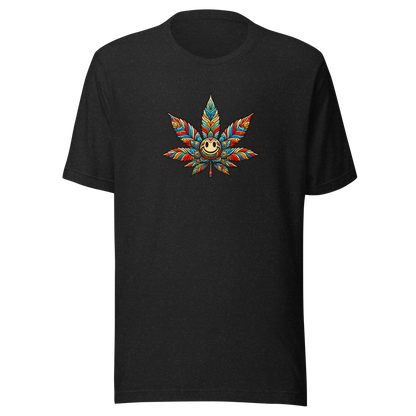 Heather schwarzes T-Shirt mit buntem lächelndem Hanfblatt Brustprint