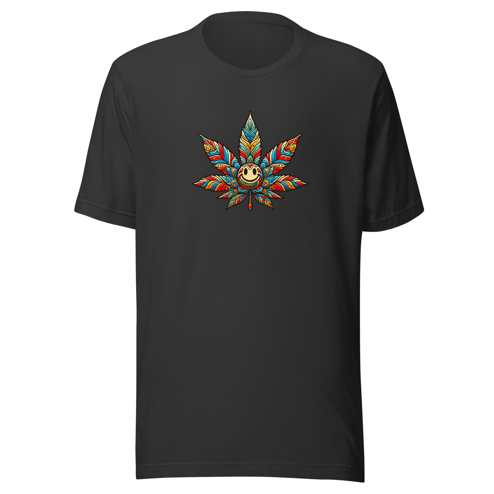 Dunkel Graues T-Shirt mit buntem lächelndem Hanfblatt Brustprint