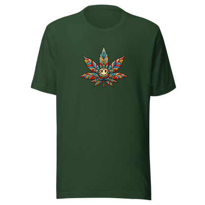 Waldgrünes T-Shirt mit buntem lächelndem Hanfblatt Brustprint