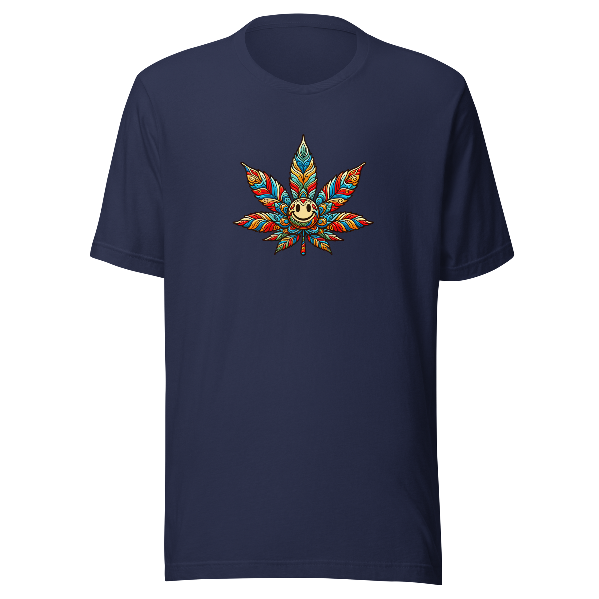 Navy T-Shirt mit buntem lächelndem Hanfblatt Brustprint