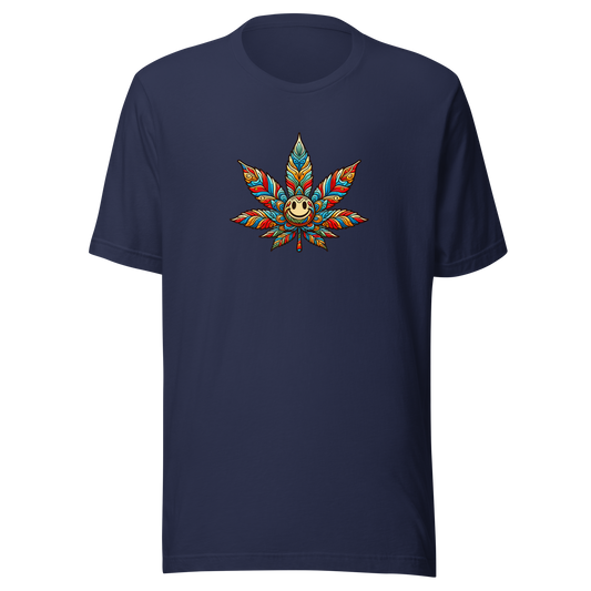 Navy T-Shirt mit buntem lächelndem Hanfblatt Brustprint