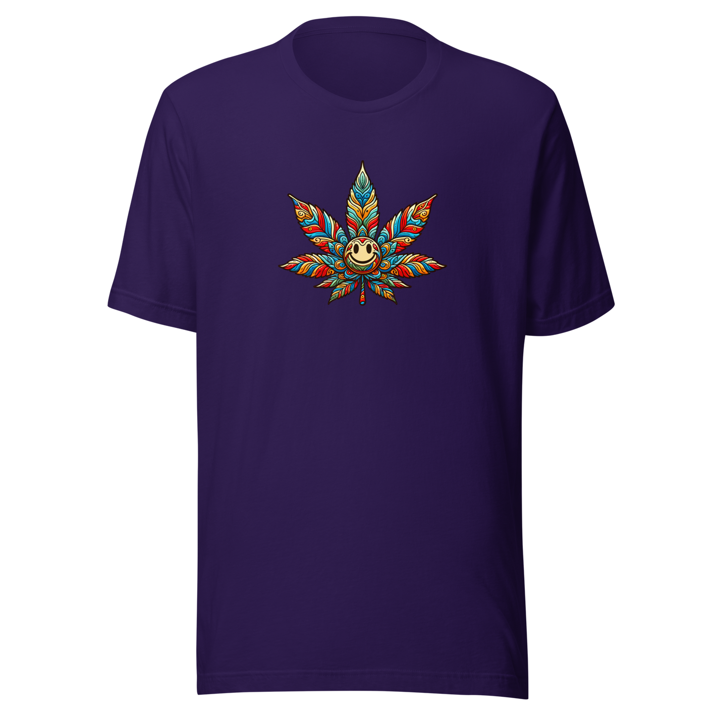 Lila T-Shirt mit buntem lächelndem Hanfblatt Brustprint