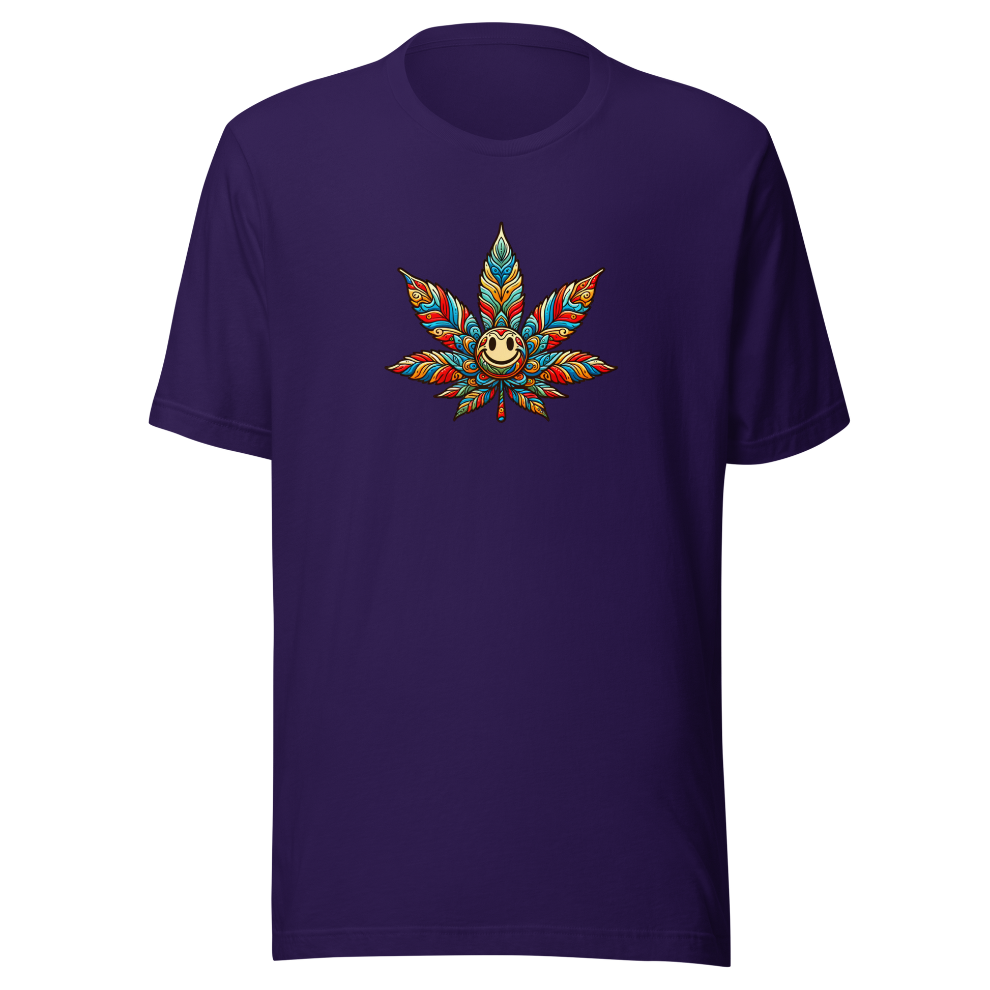 Lila T-Shirt mit buntem lächelndem Hanfblatt Brustprint