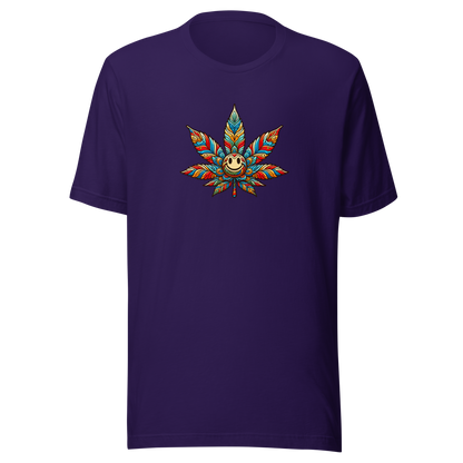 Lila T-Shirt mit buntem lächelndem Hanfblatt Brustprint