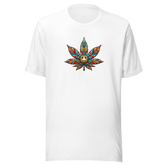 Weißes T-Shirt mit buntem lächelndem Hanfblatt Brustprint