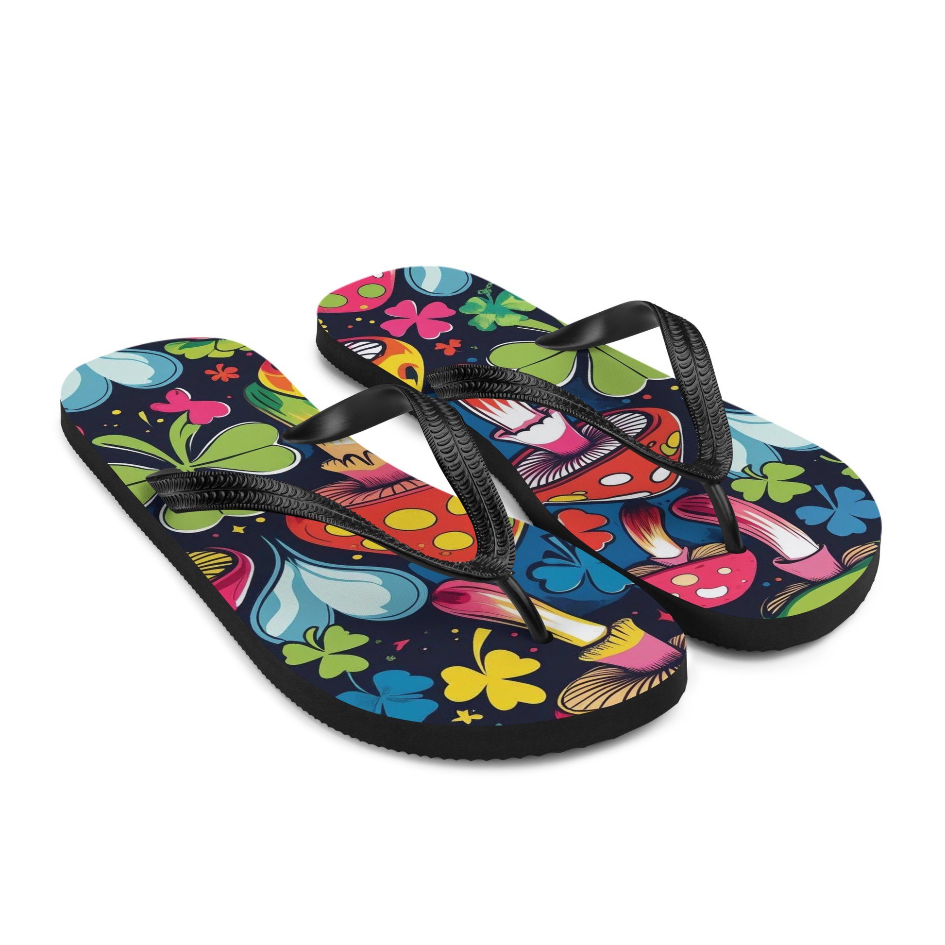Flip-Flops mit bunten Fliegenpilzen und Kleeblättern bedruckt Seitenansicht