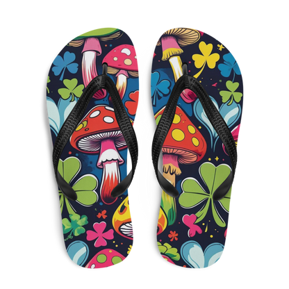 Flip-Flops mit bunten Fliegenpilzen und Kleeblättern bedruckt