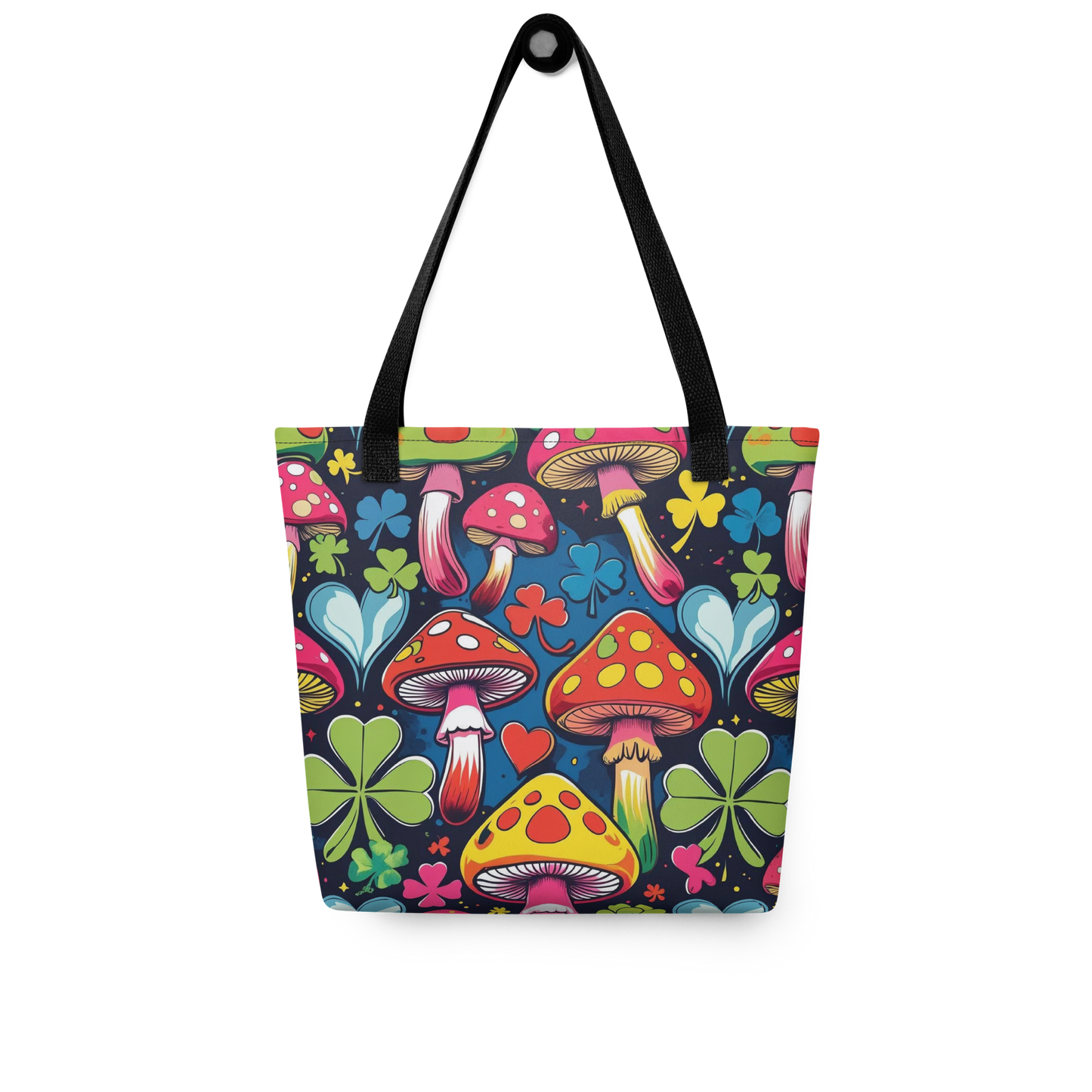 All Over Stoffbeutel mit bunten Fliegenpilzen und Kleeblättern bedruckt