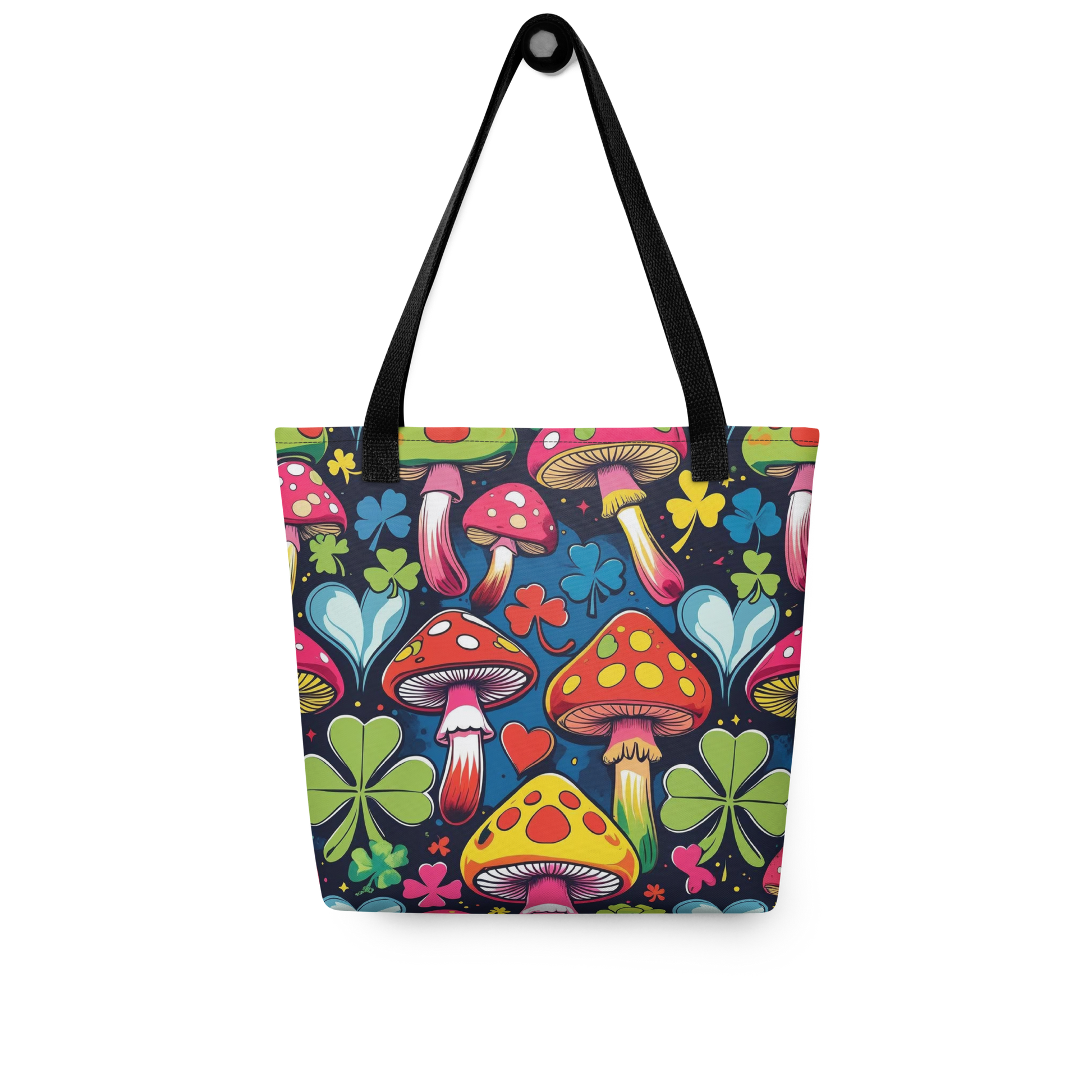 All Over Stoffbeutel mit bunten Fliegenpilzen und Kleeblättern bedruckt