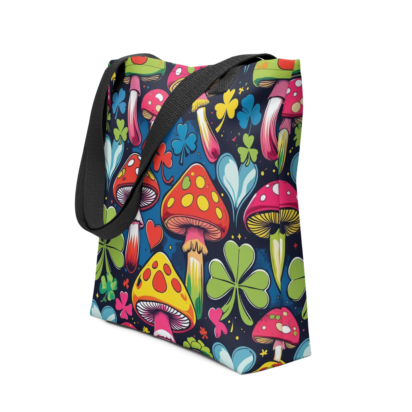 All Over Stoffbeutel mit bunten Fliegenpilzen und Kleeblättern bedruckt Seitenansicht