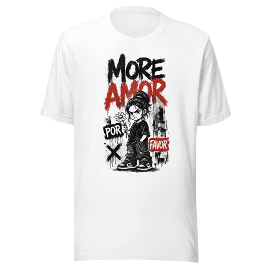 Weißes T-Shirt mit grimmig guckendem Mädchen das eine Blume hält und den Worten More Amor Por Favor im Streetart Style mockup