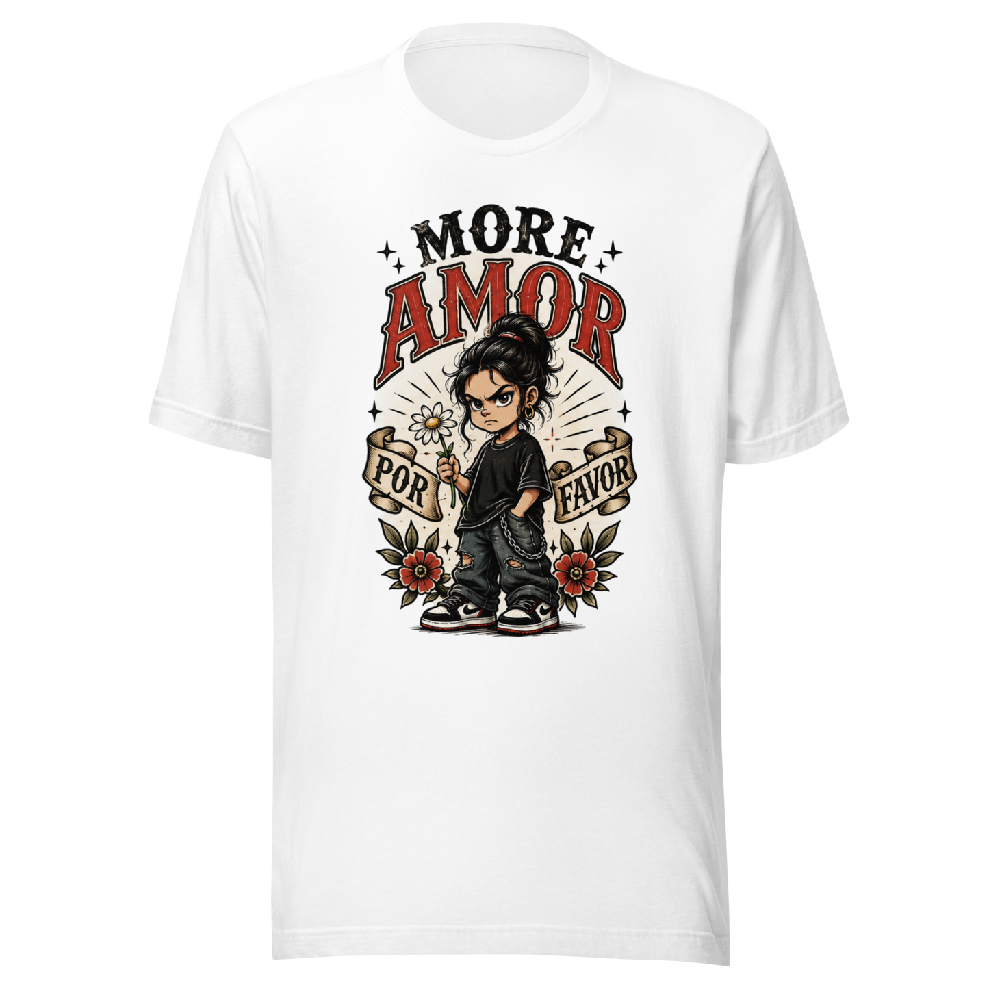 Weißes T-Shirt mit grimmig guckendem Mädchen das eine Blume hält und den Worten More Amor Por Favor im Vintage Tatto Style