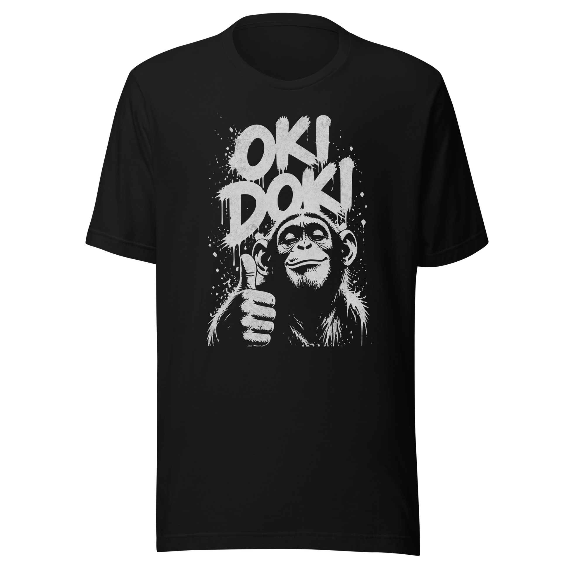 Schwarzes T-Shirt mit Affen der Daumen hoch zeigt und den Worten Oki Doki im Graffiti Style