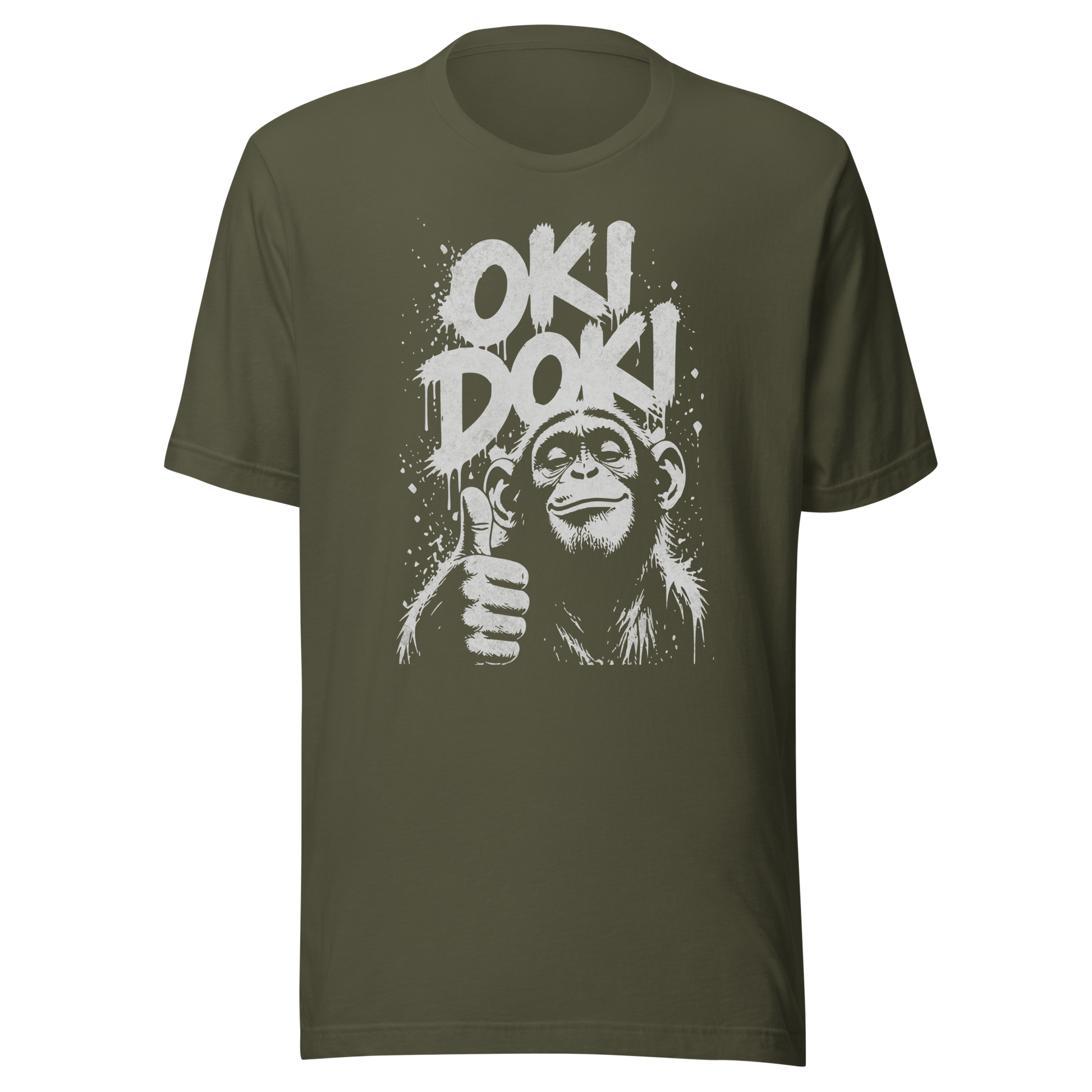 Army grünes T-Shirt mit Affen der Daumen hoch zeigt und den Worten Oki Doki im Graffiti Style