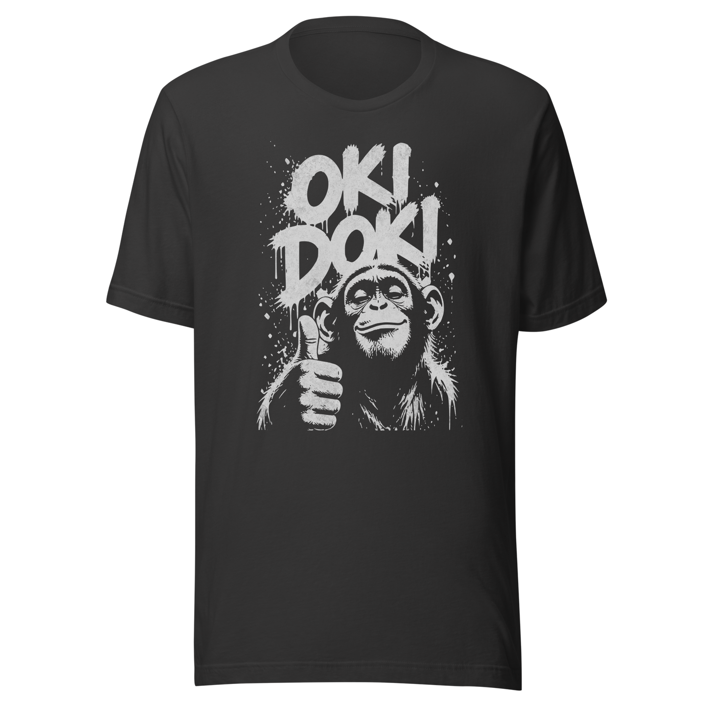 Graues T-Shirt mit Affen der Daumen hoch zeigt und den Worten Oki Doki im Graffiti Style