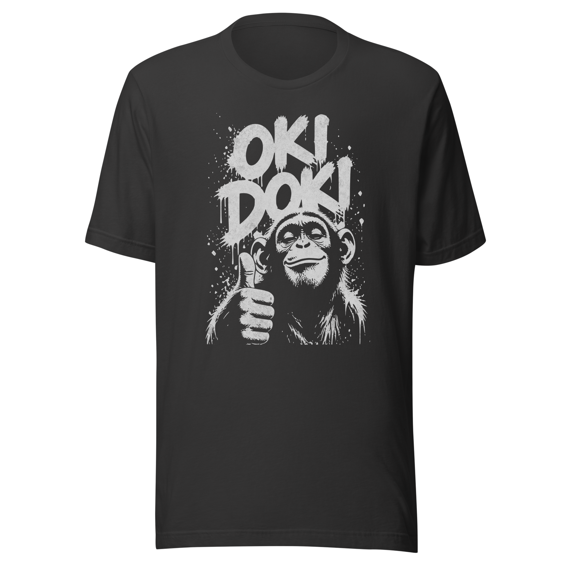 Graues T-Shirt mit Affen der Daumen hoch zeigt und den Worten Oki Doki im Graffiti Style