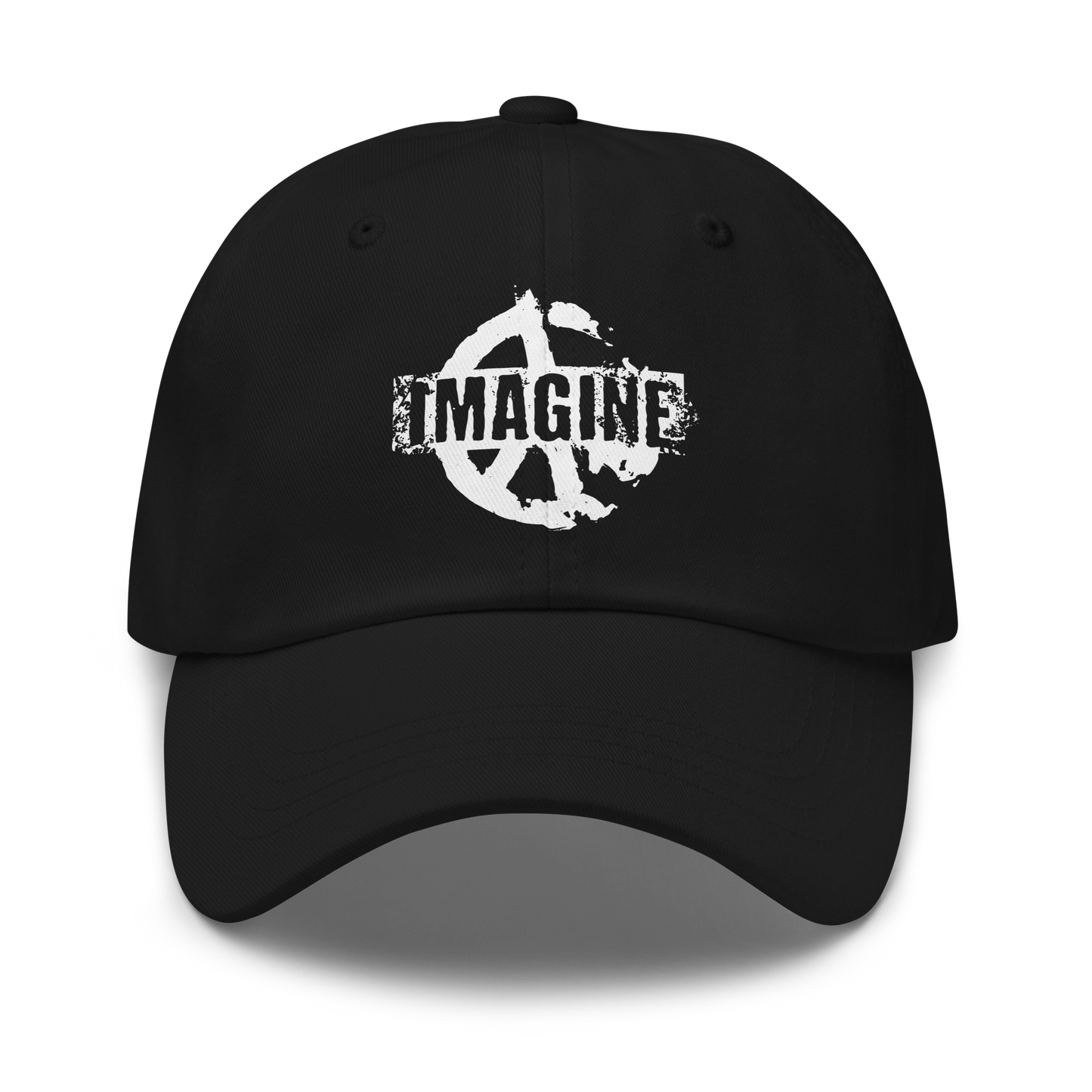 Frontansicht Schwarzes Cap mit Peace Zeichen Print und IMAGINE Schriftzug