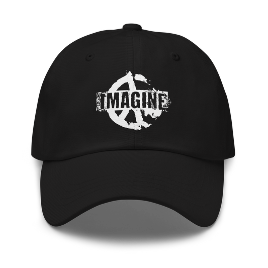 Frontansicht Schwarzes Cap mit Peace Zeichen Print und IMAGINE Schriftzug