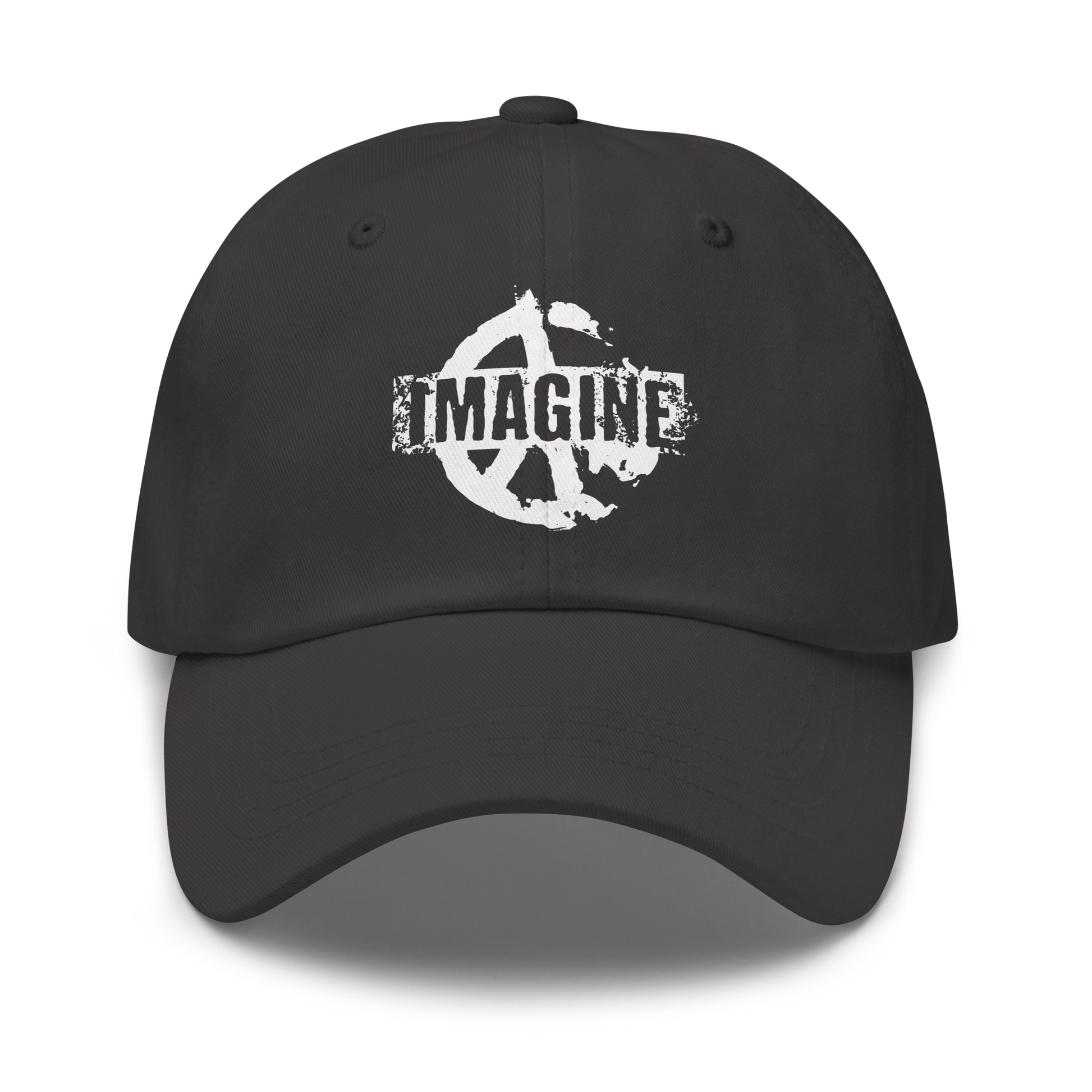 Frontansicht dunkelgraues Cap mit Peace Zeichen Print und IMAGINE Schriftzug